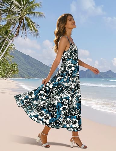 YESNO Summer Bohemian Floral Dresses for Women Spaghetti Straps Maxi Dress Casual Flowy Dresses with Pockets ES0