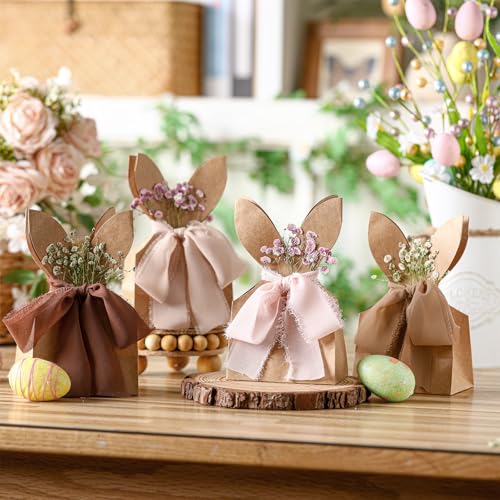 Affrolling 24 Set Boho Bow Easter Bunny Party Favor Bags DIY Bunny Gift Boxes with Neutral Bow Ribbon and Dried Flowers Ru...
