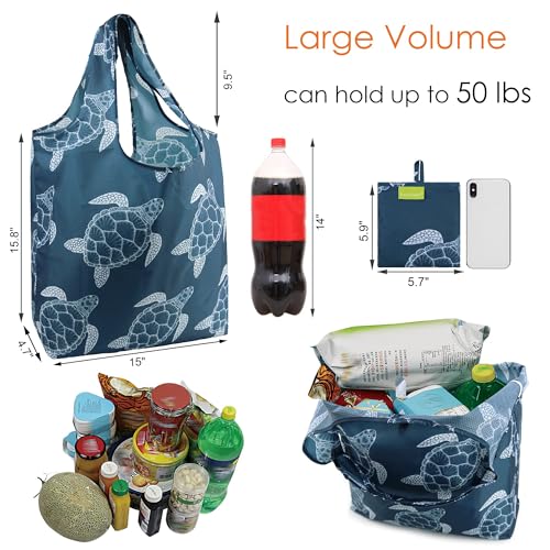 BeeGreen Sea Turtle Reusable Grocery Bags Large Tote Bag With Handles, Bulk Gift Foldable Shopping Bags for Women 6 Pack, ...