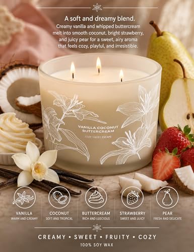 Vanilla Coconut Buttercream Candle, 14.5oz Large 3-Wick Soy Scented Candles for Home, Vanilla Cupcake Candle, Long Lasting...