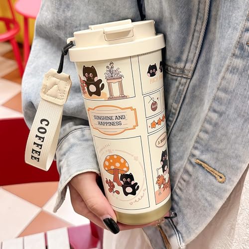 WeiTeTaLuo 16 oz Travel Coffee Mug, 316 Stainless Steel Water Bottle, Cat Insulated Coffee Mug with Lid and Straw, Leakpro...