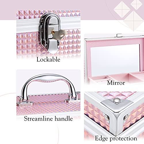 Hododou Girls Jewelry Box Organizer with Drawer & Mirror, Shiny Pink Style Lockable Storage Case for Kid or Little Girls J...