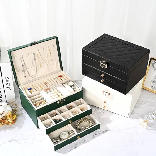 GUOER Jewelry Box for Women Girl Wife 3 Layers Large PU Leather Jewelry Organizer Storage Case with Two drawers Display fo...
