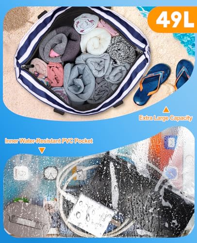 ISEYOU Beach Bag with Cooler, 49L Large Waterproof Sandproof Tote with Zipper, Foldable Travel Bag for Beach, Pool, Picnic