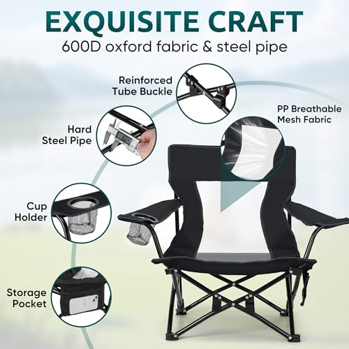 HaSteeL Folding Beach Chair Set of 2, Foldable Black Camping Chairs for Outside, Low Beach Chair Portable for Adults Fishi...