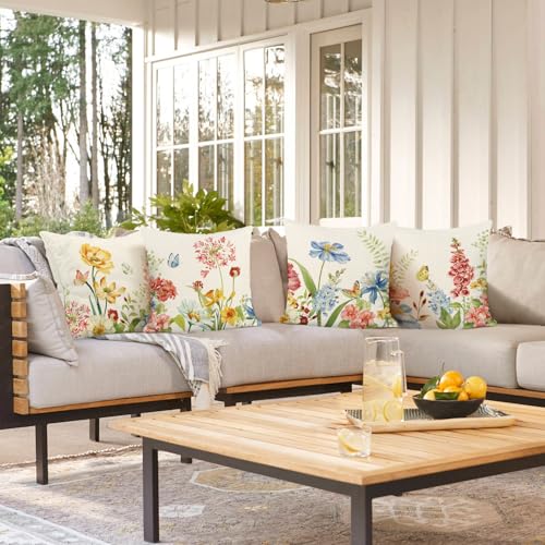 Bonhause Spring Floral Pillow Covers 18x18 Inch Set of 4, Wildflower Plant Decorative Cushion Covers, Polyester Linen Seas...