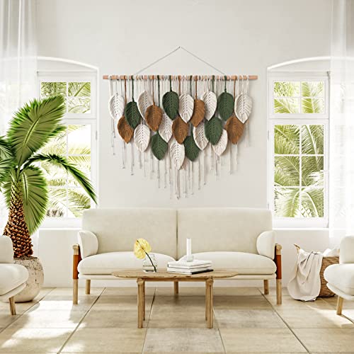 KHOYIME Large Macrame Wall Hanging Boho Woven Tapestry, Chic Home Decor Modern Bohemian Handmade Leaf Feather Wall Art Dec...
