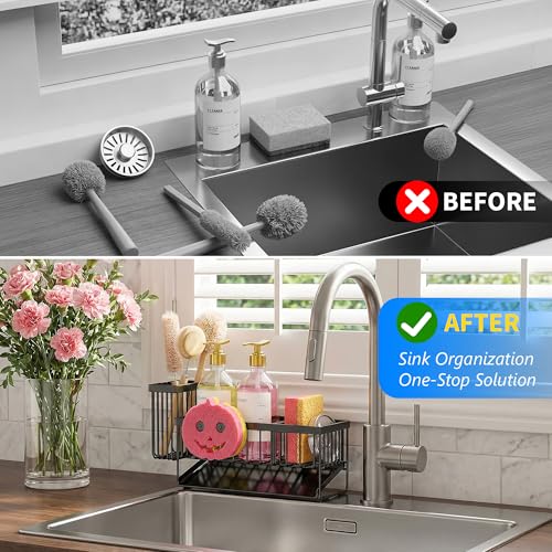 Sponge Holder for Kitchen Sink,Smiley Face Sink Caddy with Removable Brush Holder,Self-Draining Sponge Caddy for Sponge,So...