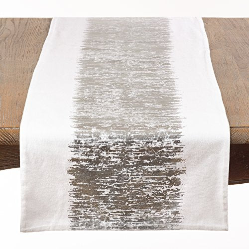 SARO LIFESTYLE Agatha Collection Metallic Banded Design Cotton Table Runner, 16" x 90", Silver