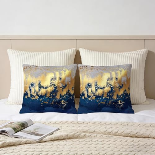 Weiscode Navy Blue and Gold Pillow Covers 18 x 18 inch Set of 2 Decorative Cushion Covers Blue and Gold Square Pillowcases...
