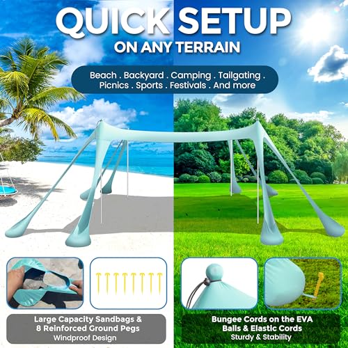 VIONMI Beach Canopy Beach Tent Pop Up Shade 10x10ft Sun Shelter UPF50+ with 8 Sandbags-2 Sand Shovel-4 Aluminum Poles-Grou...