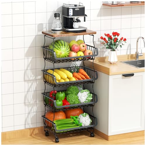 Gsiekare Fruit Vegetable Basket for Kitchen, 5 Tier Stackable Fruit Vegetable Storage Baskets with Wheels, Metal Wire Stor...