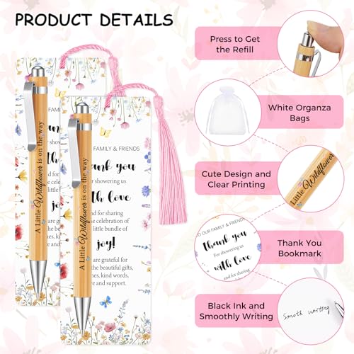 50 Sets Wildflower Baby Shower Favors for Guests, Little Wildflower Ballpoint Pens Thank You Bookmarks Organza Bags for Ba...
