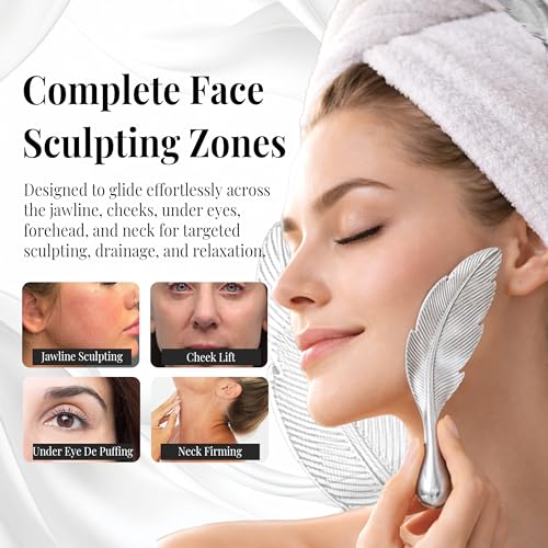 Stainless Steel Gua Sha Tool for Face – Unique Feather-Shaped Facial Massager for Jawline Sculpting, Contouring, De-Puffin...