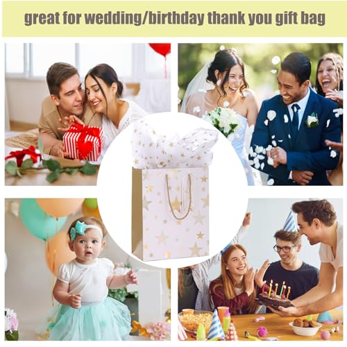 Dimetey 12pcs 9" Gift Bags, Medium Size Paper Bags with Tissue Paper, White Gold Wrap Paper Gift Bags with Handles for Sho...