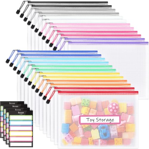 Sooez 24 Pack Mesh Zipper Pouch with Sticky Labels, A4 Mesh Bags, Toy Storage Board Game Puzzles Organization, Sturdy Lett...