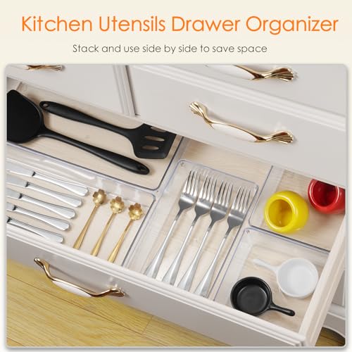 Criusia Drawer Organizer, 10 Pack Large Clear Plastic Set, 3 Size Versatile Bathroom and Vanity Organizer Trays, Storage B...