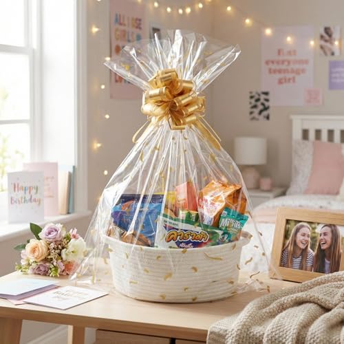 SUNCOLOR Small Woven Gift Basket Set with Cut Paper Shred Filler, Pull Bow & Cellophane Bag, 12x8x5 Inch Durable Cotton Ro...