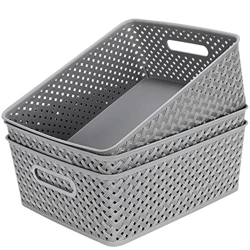 MaxGear Organization and Storage 3 Packs, Plastic Bins Organizer Bins, Woven Baskets for Storage, Plastic Baskets with Han...