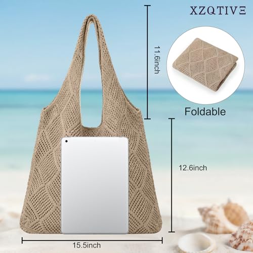 XZQTIVE Crochet Tote Bag for Women Mesh Beach bag for Summer Vacation Aesthetic Hobo Knit Shoulder Bag