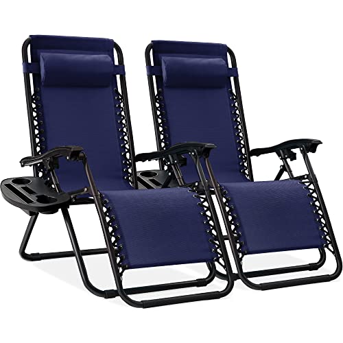 Best Choice Products Set of 2 Adjustable Steel Mesh Zero Gravity Lounge Chair Recliners w/Pillows and Cup Holder Trays - N...