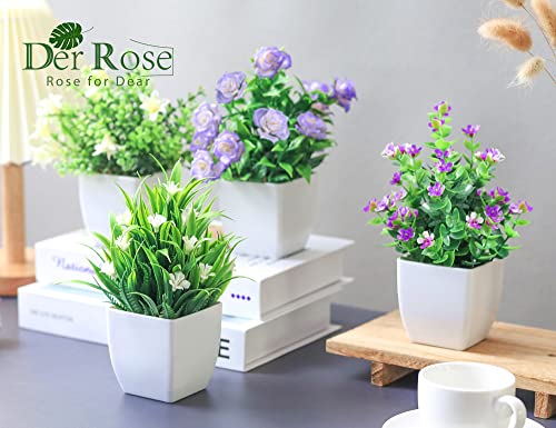 Der Rose 4 Pack Small Fake Plants Mini Artificial Faux Plants Indoor with Flowers Spring Decorations for Home Room Farmhou...
