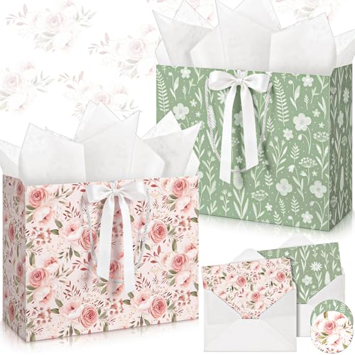 Silkfly 2 Pack Large Floral Gift Bags with Tissue Paper Ribbon Card & Envelope 13'' Flower Gift Bags for Woman Wedding Bri...