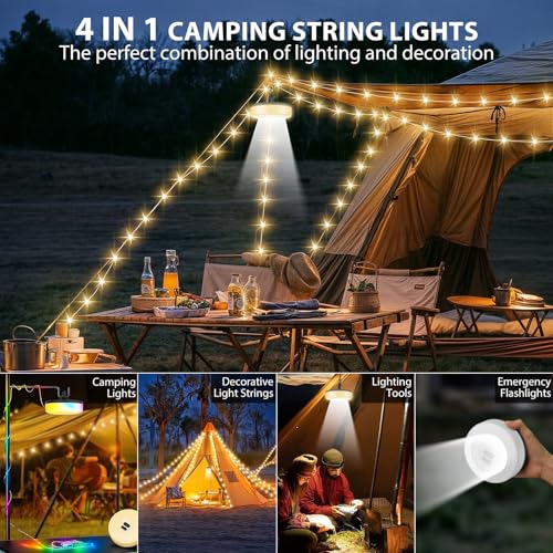 Camping String Lights, 4 in 1 Quick Storage 32.8FT Rechargeable Tent Lights with 9 Lighting Modes, Hanging Waterproof Port...