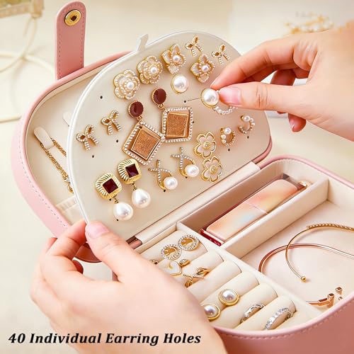 QBestry Travel Jewelry Case for Women Girls, Seashell-Shaped Small Jewelry Box with 40 Earring Holders & 5 Necklace Hooks,...
