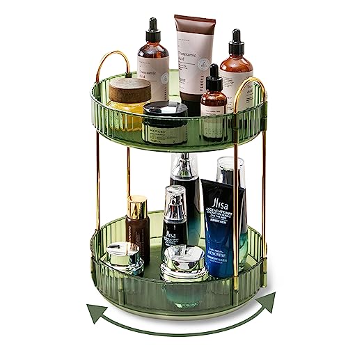 Asayuee 360 Rotating Makeup Organizer for Vanity,2 Tier Large Capacity Skincare Organizers,Bathroom Counter Organizer, Spi...