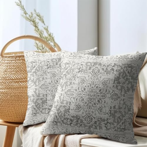 Boho Throw Pillow Covers 20X20 Inches Set of 2 Grey and White Ethnic Design Pillowcase Soft Cotton Linen Square Carpet Pat...