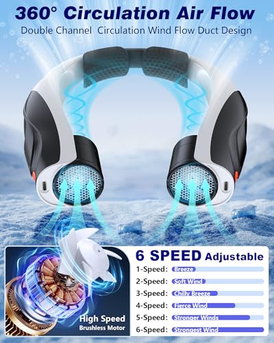 Tenvolti Portable Neck Fan - 6000mAh Rechargeable Personal Fan with 6 Speeds, 360° Cooling Surround Airflow, 20H Long Batt...