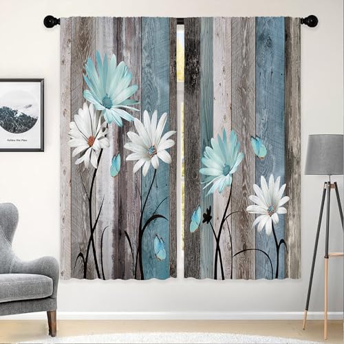 Laifzere Teal Farmhouse Daisy Curtains, Wooden Flower Window Curtains 52x84 Inch for Bedroom Living Room Decor, Rustic Flo...