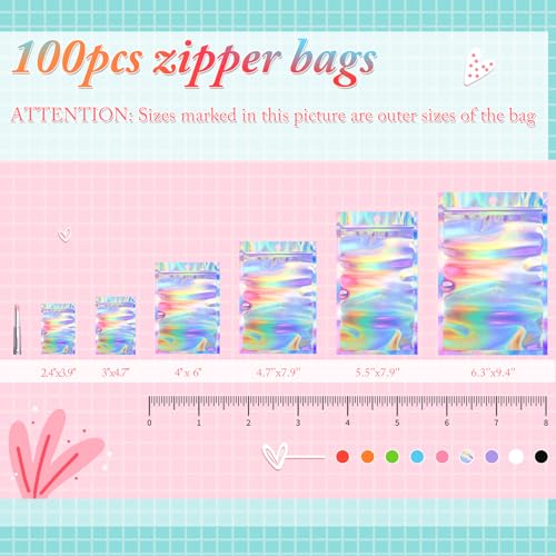 Funfery 100 pcs Mylar Holographic Bags Packaging Bags,Clear Resealable Bag Foil Pouch Bag for Party Favor,Goodies,Treat,Ca...