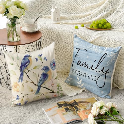 AVOIN colorlife Spring Saying Flowers Butterfly Bird Throw Pillow Covers, 18 x 18 Inch Home Sweet Home Blue Cushion Case f...