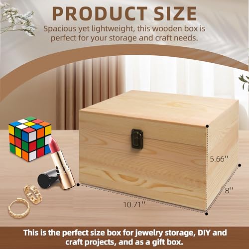 VIKOS Products 10.71x8x5.66-Inch Unfinished Wooden Box with Hinged Lid & Front Clasp for DIY Art Project Crafts Woodcraft ...