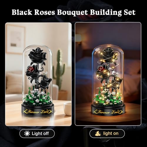 HiWEEGO Flower Building Set with LED Light - 232 PCS Black Rose Building Blocks Kit with Dust Cover, Gift for Mothers Day ...