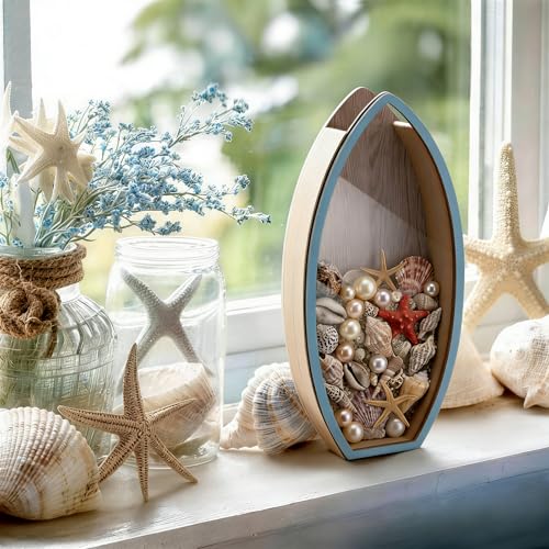 Novabright Coastal Decor Display Box Wooden Surfboard Holder with Clear Window Shell Box Shark Teeth Collection for Seashe...
