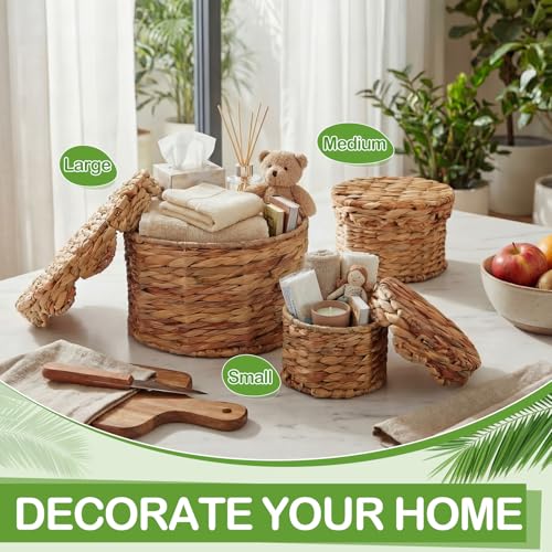 Newtay Set of 3 Scalloped Wicker Storage Baskets with Lid Round Rattan Woven Basket 11'' 8.7'' 6.3'' Natural Water Hyacint...