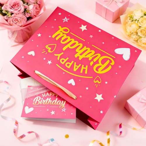 Yixiang Birthday Gift Bags,13 Inches Birthday Gift Bag with Tissue Paper and Greeting Card for Women,Girls