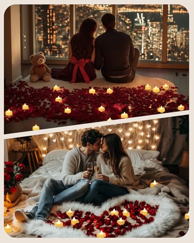 Amagic 1000 Pieces Artificial Rose Petals with 12 Heart LED Tea Lights Candles Kit, Rose Petals and Candles Set for Propos...