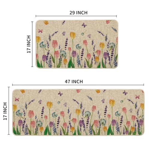 Artoid Mode Lavender Tulip Spring Kitchen Mats Set of 2, Seasonal Flower Summer Home Decor Low-Profile Kitchen Rugs for Fl...