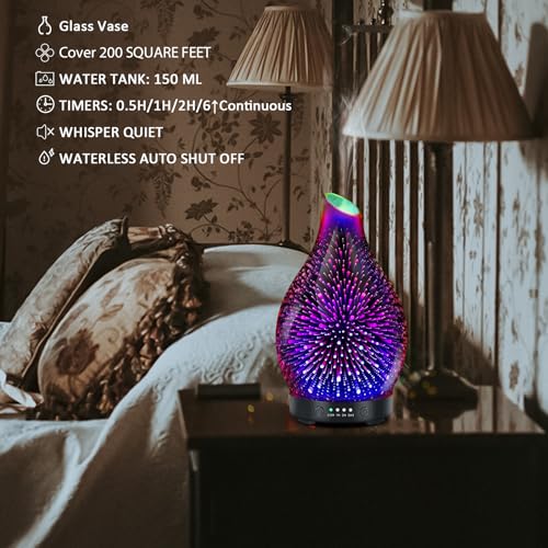 Essential Oil Diffuser 150ML -3D Firework Glass Aromatherapy Diffusers for Essential Oils with 4 Timer Setting Auto Shut-O...