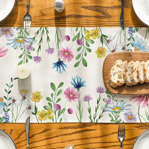 Artoid Mode Daisy Eucalyptus Lavender Floral Leaves Summer Table Runner, Spring Kitchen Dining Table Decoration for Home P...