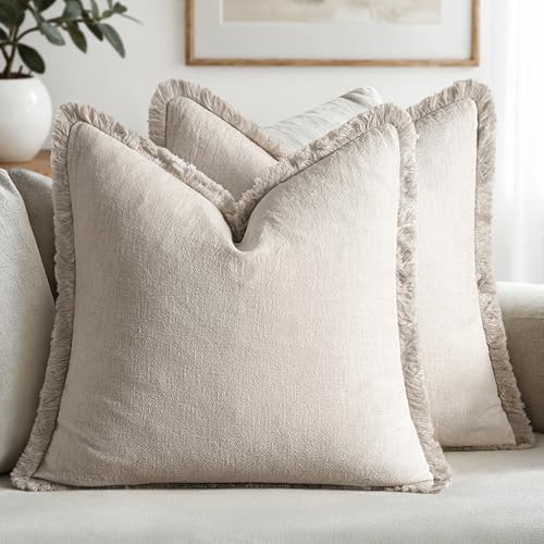 MIULEE Decorative Throw Pillow Covers Neutral Linen Fringe Throw Pillows Set of 2 Natural Beige Boho Farmhouse Cushion Cov...