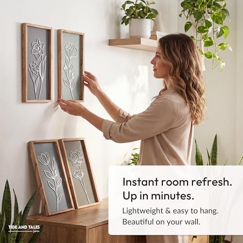 3D Wooden Floral Bathroom Wall Decor (Set of 4) Lightweight, Ready-to-Hang Framed Wall Art For Living Room, Bedroom, or Of...