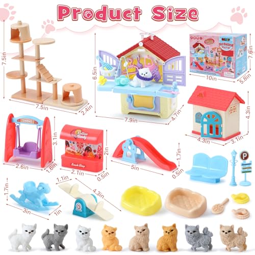 Golray 66Pcs Cat Toys for Kids Girls, 3 In 1 Pet Pretend Play Toys with 9 Cat Figurine/DIY Cat Tree/Beauty House/Playgroun...