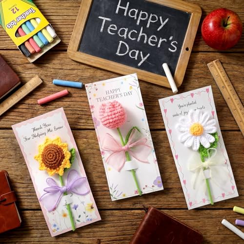 Frienda 6 Set Teacher Appreciation Gifts Crochet Flowers with Greeting Cards and Bows Knitted 5.91" Sunflowers Daisy Tulip...