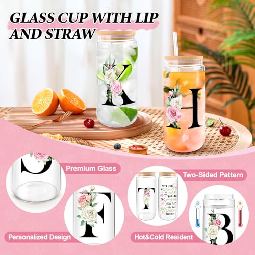 WINOWIMO Initial Glass Cups with Lids and Straws, Personalized Gifts for Women, Iced Coffee Cup Glass Tumbler, Birthday Br...