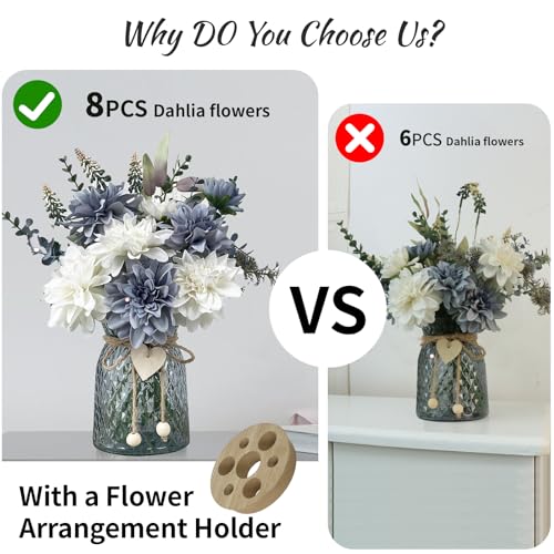 SHINFHOMF Fake Flowers in Vase,8 Dahlias,Silk Artificial Flowers in Vase,Centerpiece Table Decorations,Faux Flowers in Vas...